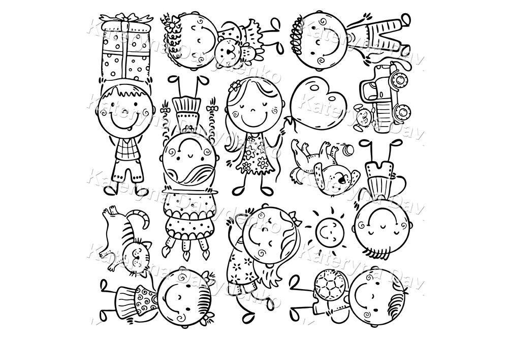 Cartoon kids with pets, toys and gifts. Set of black and white illustration
