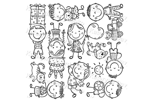 Cartoon kids with pets, toys and gifts. Set of black and white illustration