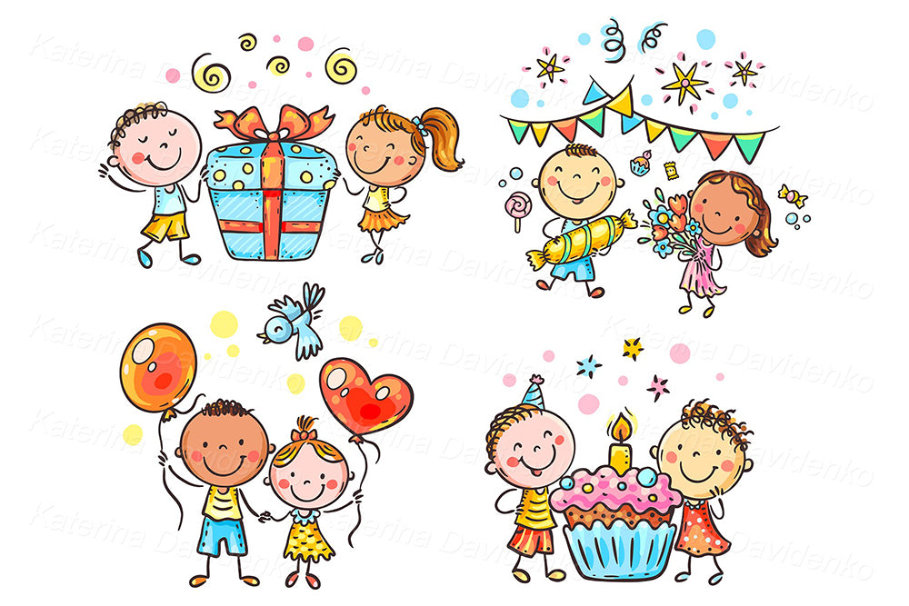 Happy kids birthday party clipart set