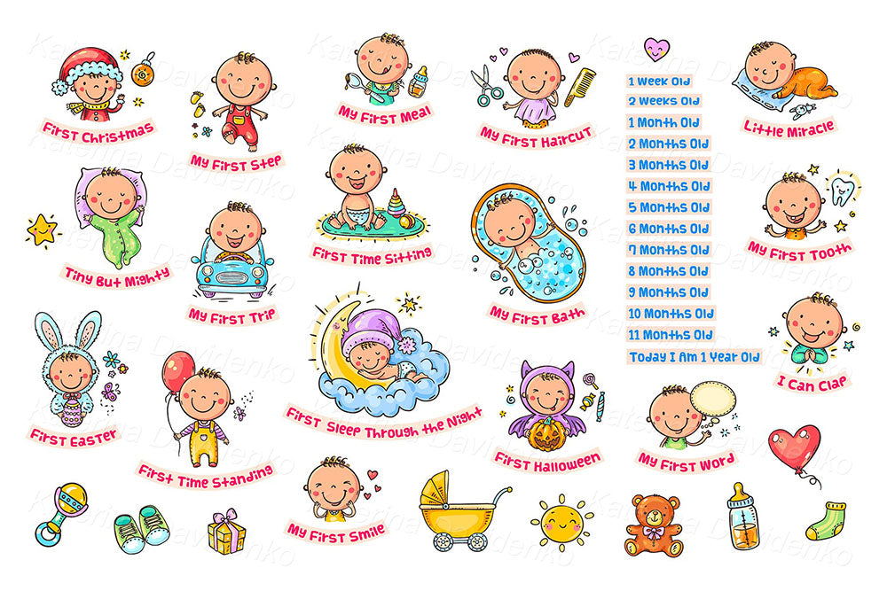 Baby Milestone Clipart. My First Moments SVG PNG. First Year Stickers, Milestones for Baby Book, Printables Scrapbook Clipart