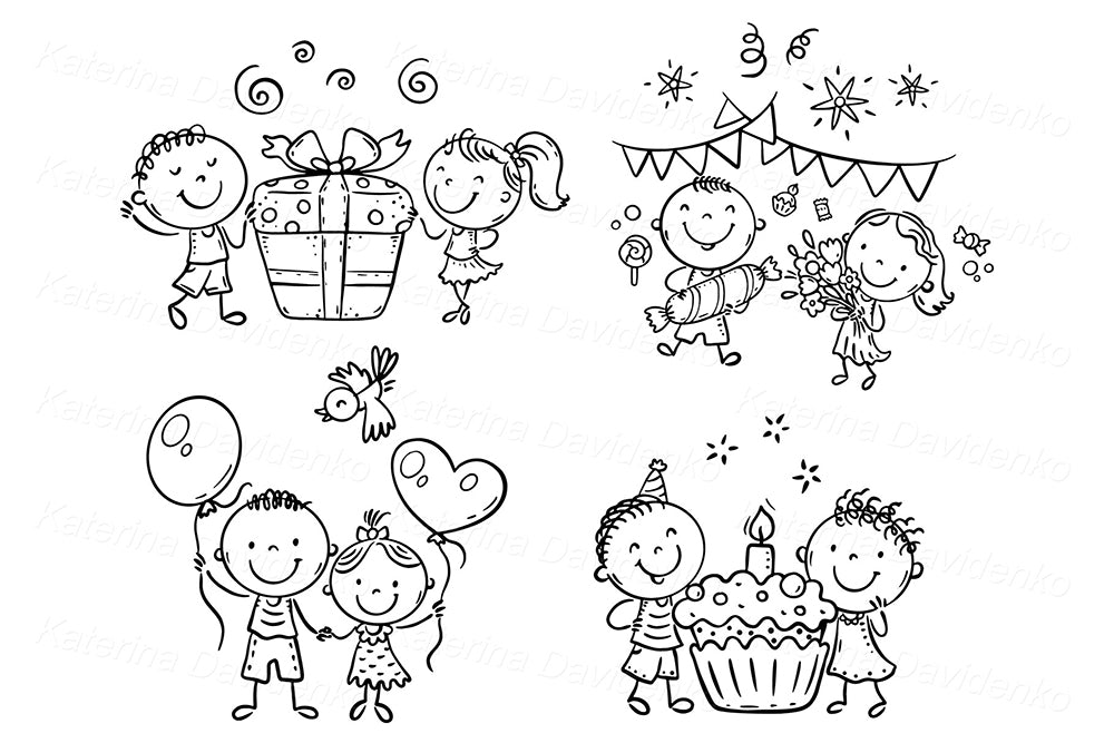 Birthday Party Kids Clipart – Cute Hand-Drawn Celebration Set