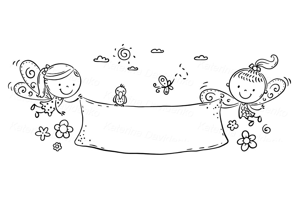 Cute little fairies holding banner. Black and white clipart
