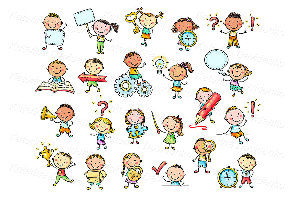 Kids education clipart set. Cute children with school things. Great for educational illustration