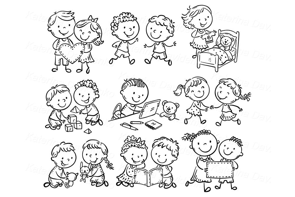 Cute cartoon kids reading a book, playing with toys, little children drawing and dancing
