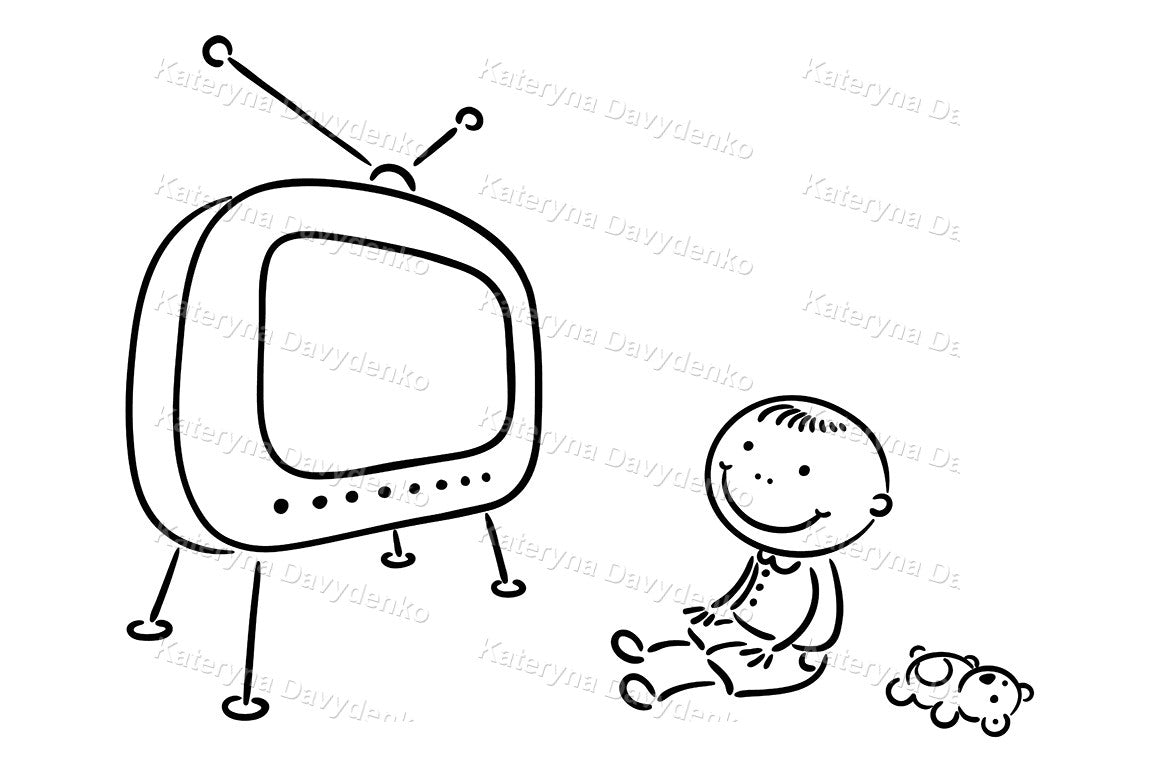 Doodle Boy Watching TV Clipart. Black & White Kids Illustration