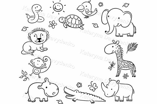 Set of black and white line drawings of various African animals