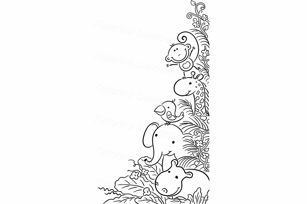 Cute black and white jungle animals frame for worksheets or baby store display. Line art clipart