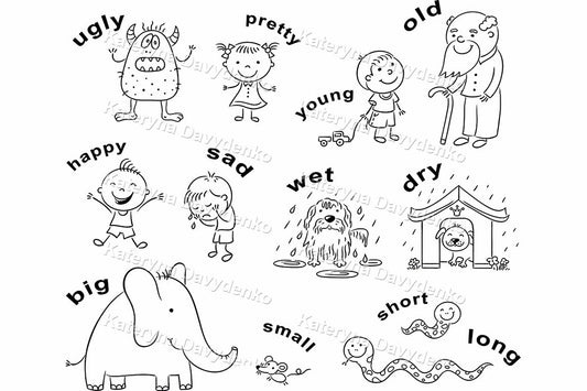 Antonyms Black and White Clipart Set. Educational Kids Illustration