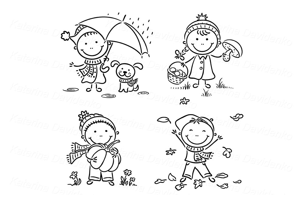 Autumn Kids Cartoon Seasons Clipart Set