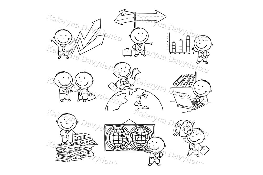 Doodle characters in business outfits with charts, laptops and globes.