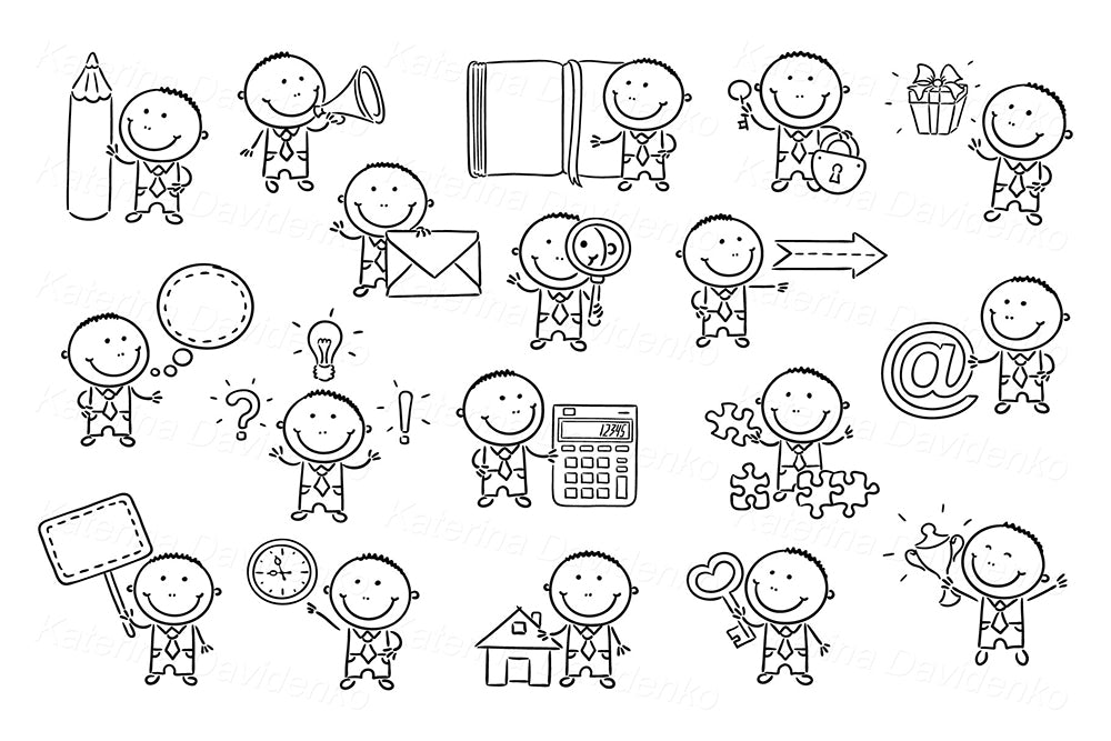 Black and White Office Characters Clipart – Doodle Stickman with Email, Light Bulb, Puzzle, Key, Gift, Calculator