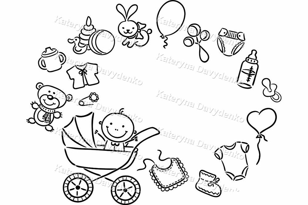 Black and white baby-themed illustrations including a stroller, baby and various baby items