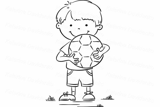 Portrait of little footballer, child with soccer ball, black and white clipart
