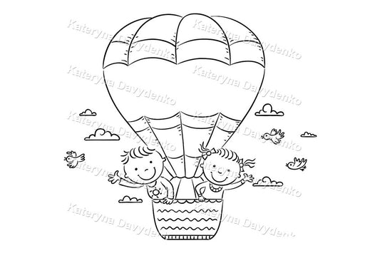 Black and white illustration of two children in a hot air balloon with clouds and birds.
