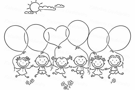 Happy Kids with Balloons Black and White Clipart