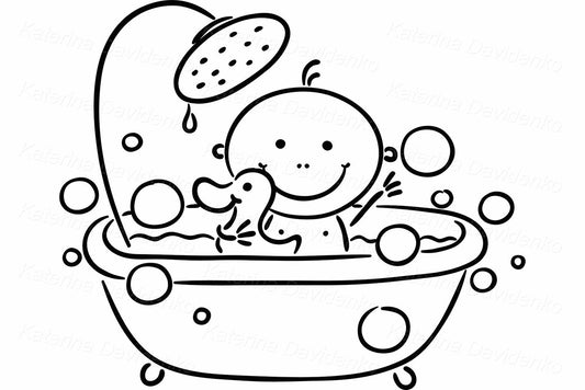Outline illustration of baby in bathtub