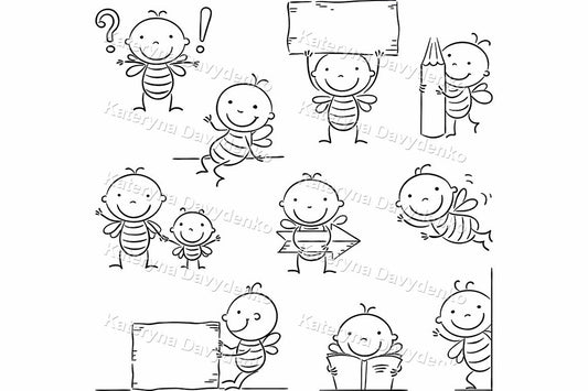 Black and white illustrations of cartoon bees with various poses and expressions.