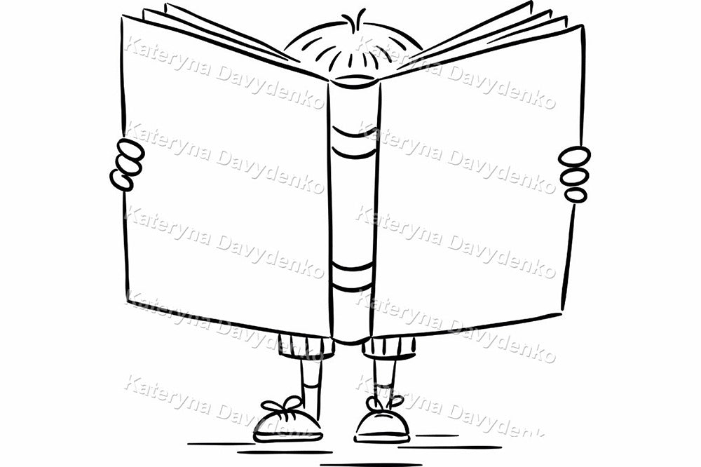 Black and white illustration of a child reading a large book