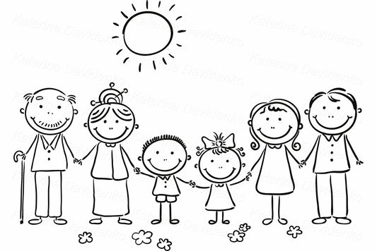 Happy family standing in a row and holding hands, front view, black and white illustration