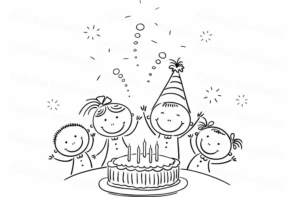 Joyful kids with birthday cake. Outline kids clipart
