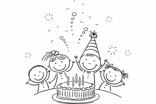 Joyful kids with birthday cake. Outline kids clipart