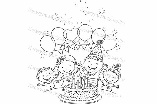 Children's birthday coloring page with cake, balloons and party hats.