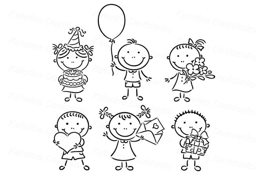 birthday kids black and white cartoon clipart set