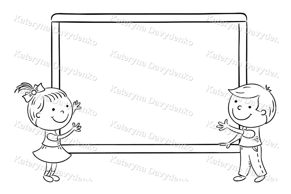 Black and white illustration of a boy and girl holding a blank board
