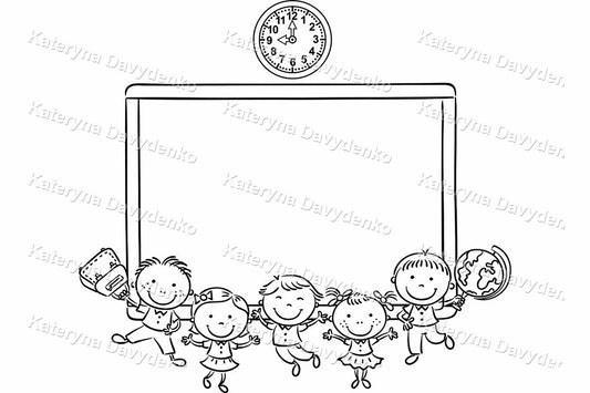 Happy Doodle School Kids with Blackboard. Outline Clipart