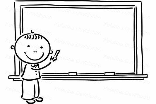 Cute little school kid standing and write on a blackboard