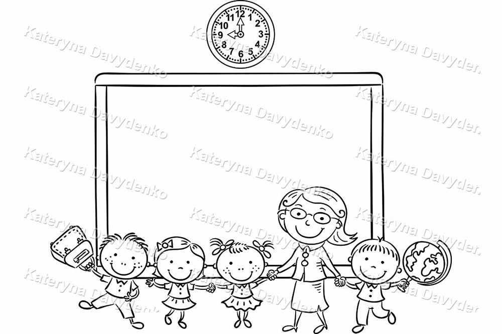 Black and white illustration of a teacher with students holding hands