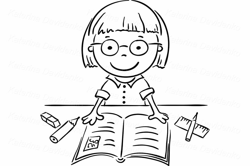 Black & White Study Girl Clipart – Educational Outline Vector