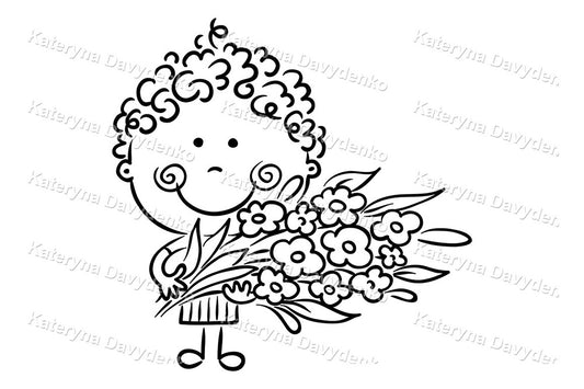 Black and white illustration of a child holding flowers