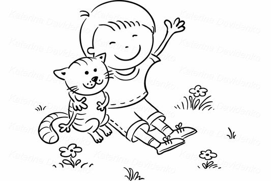 Child with pet. Friends outline clipart