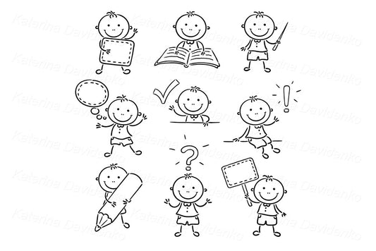 Stick figure boy with different icons. Black and white clipart set