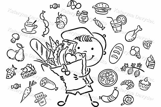Cartoon boy with groceries surrounded by various food items