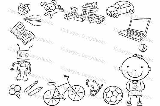 Set of black and white line art illustrations including toys and objects.