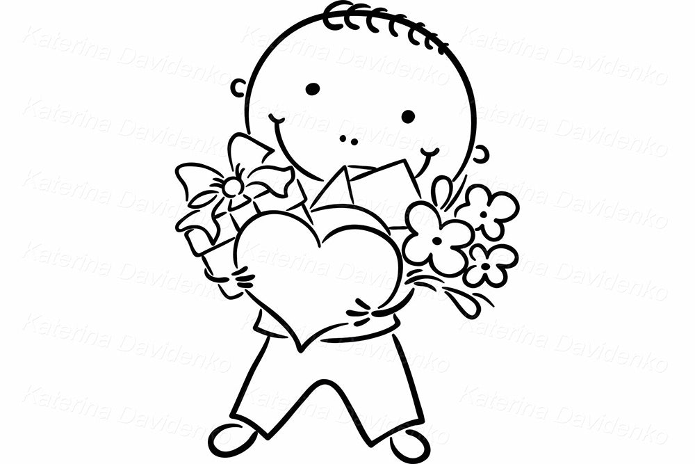 Stick figure boy with gifts. Black and white clipart