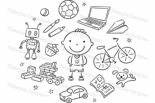 Black and white illustrations of children's toys