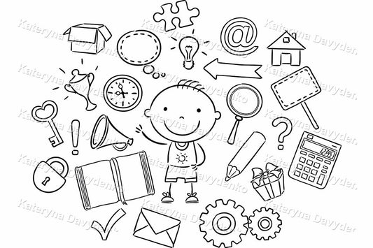 Cartoon Kindergarten Boy with Symbols – Black and White Educational Clipart