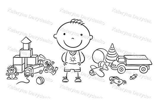 Black and white line art of a child with toys