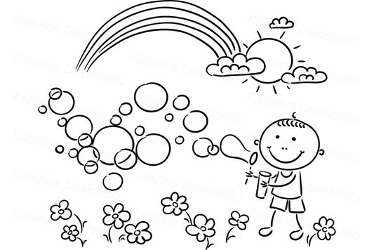 Child blowing soap bubbles, stick figure, line art, cartoon clipart