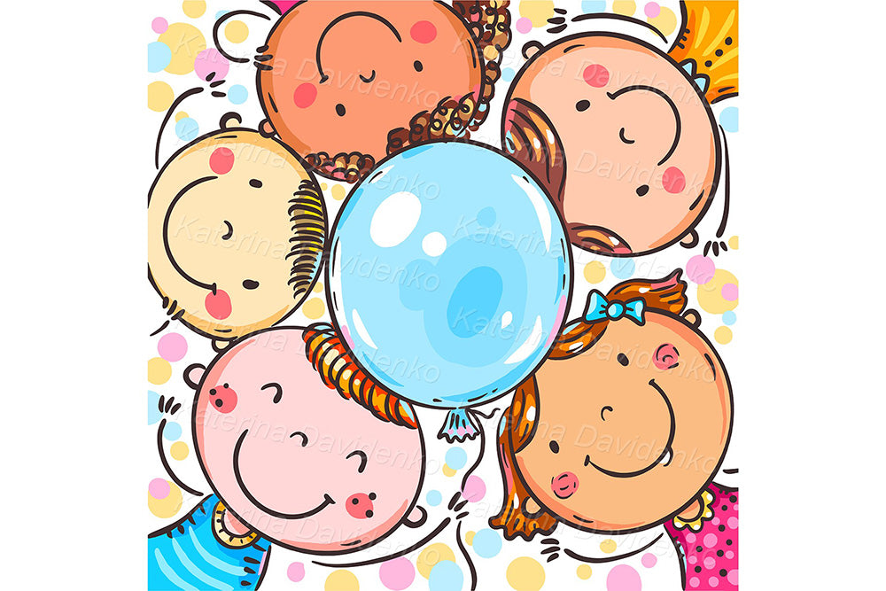 happy kids and balloon, square vector art