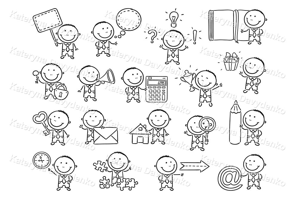 Set of black and white illustrations of stick figures with various symbols and objects.