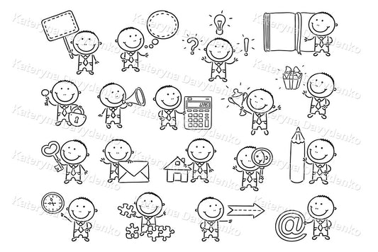 Set of black and white illustrations of stick figures with various symbols and objects.