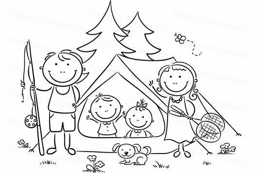 Family camping in the woods. Black and white illustration