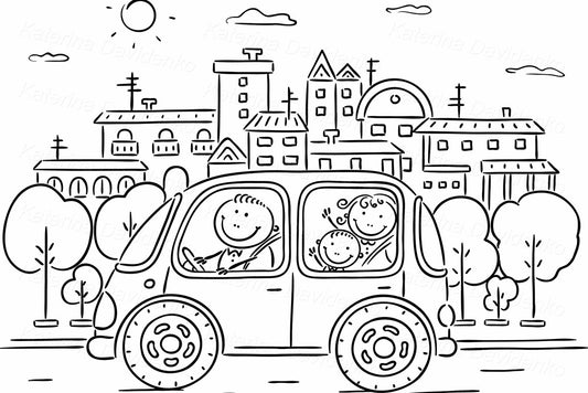 Happy family travelling by car in the city - black and white clipart