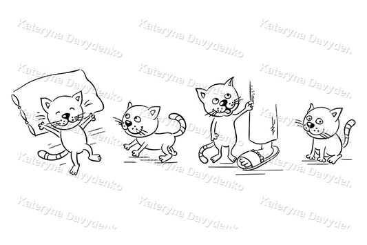 Playful Cats. Black and White Cartoon Clipart Set