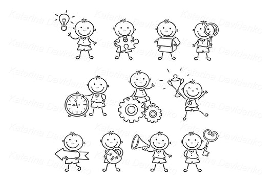 Set of doodle kids with icons