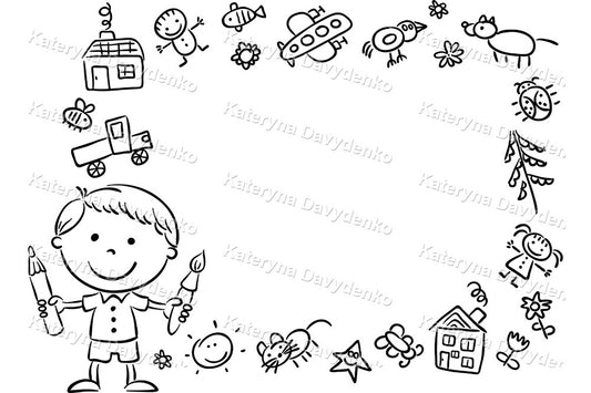 Black and white illustration of a child holding crayons with various doodles around